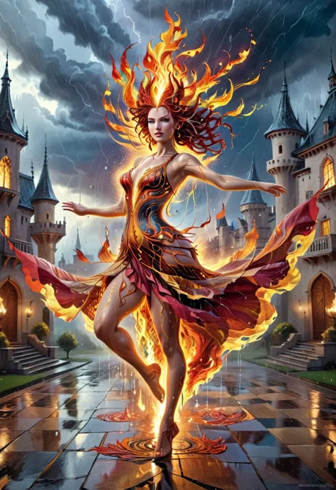 a sorceress of fire making fire dance in a the (storm of rain: 1.3), a most exquisite beautiful sorceress, controlling fire mani...