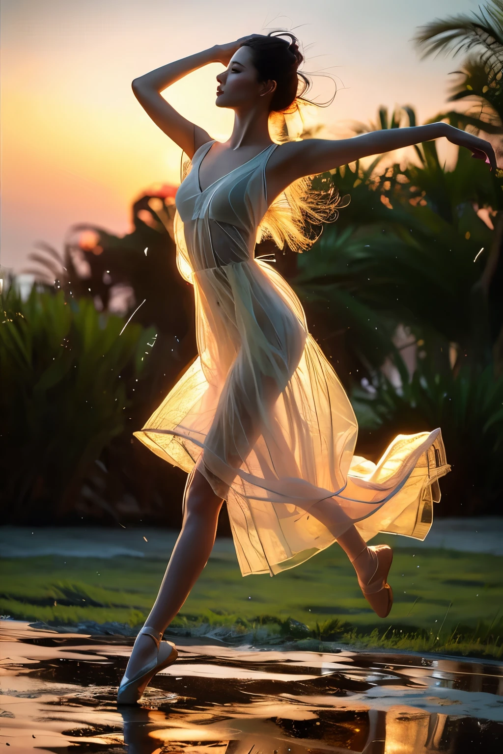 ballet dance pose, Dancing in the Rain, rainning, masterpiece, best quality, 1girl, solo, delicate face, white-skinned female, see-through silhouette, white dress, full body,outdoor,dark,grasses and flowers,blur background,background defocus
