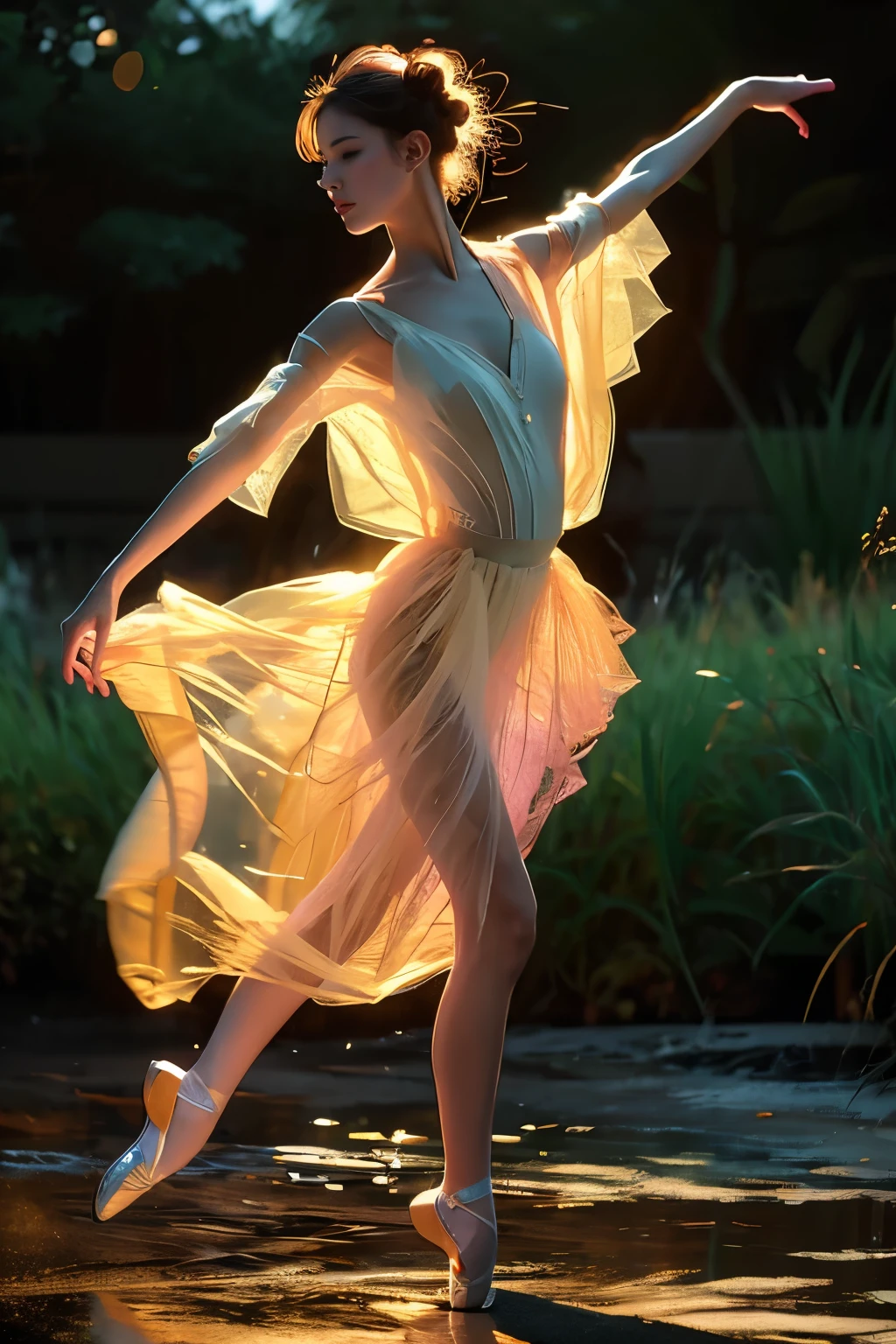 ballet dance pose, Dancing in the Rain, rainning, masterpiece, best quality, 1girl, solo, delicate face, white-skinned female, see-through silhouette, white dress, full body,outdoor,dark,grasses and flowers,blur background,background defocus
