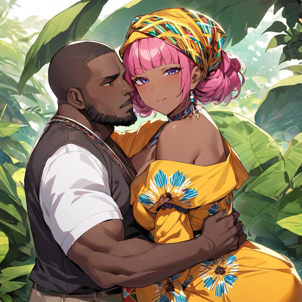 ((Highest quality)), ((masterpiece)), (detailed), （Perfect Face）、Momoa Belia Deviluck, a vibrant dark-brown skinned woman, born black, a Ghanaian, is pregnant. She is in a Ghanaian village, wearing a colorful Ghanaian dress, a vibrant headscarf, adorned with luxurious jewelry and an engagement ring.、The woman is the elegant Momo Belia Deviluke, with short pink bob hair, a colorful Ghanaian dress, a colorful headscarf, and vivid dark brown skin. She is a natural-born black and Ghanaian.、（The woman is a black Ghanaian with vivid dark brown skin.）、The woman is seen in a Ghanaian village, cuddling with a dignified, muscular, bearded, middle-aged Ghanaian man.、The man is the woman&#39;s husband, a dignified, muscular, middle-aged Ghanaian with a beard, wearing colorful Ghanaian traditional clothing and wearing an engagement ring.、the woman is pregnant