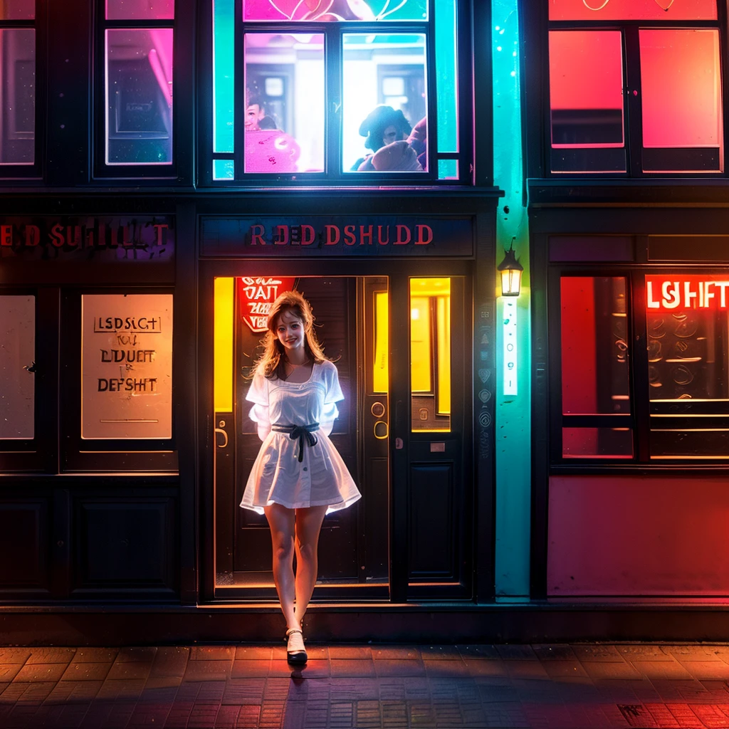 ((чрезвычайно подробный (Одно из окон Квартала красных фонарей в Амстердаме.:1.37) Потрясающая девушка в БЕЛОМ (Она застряла в окне))), (шедевр 8K высшего качества) (ПрофессиональноеФото:1.37), ZoomLayer, (уменьшение масштаба:1.28, Широкий угол) Вид на витрину магазина с оживленного тротуара, (Вид Хотя витрина Стекло с отражениями)