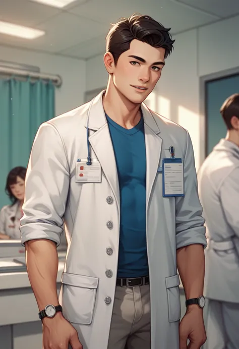 Asian guy, medium hair, medical coat, doctor, skinny Man, handsome man