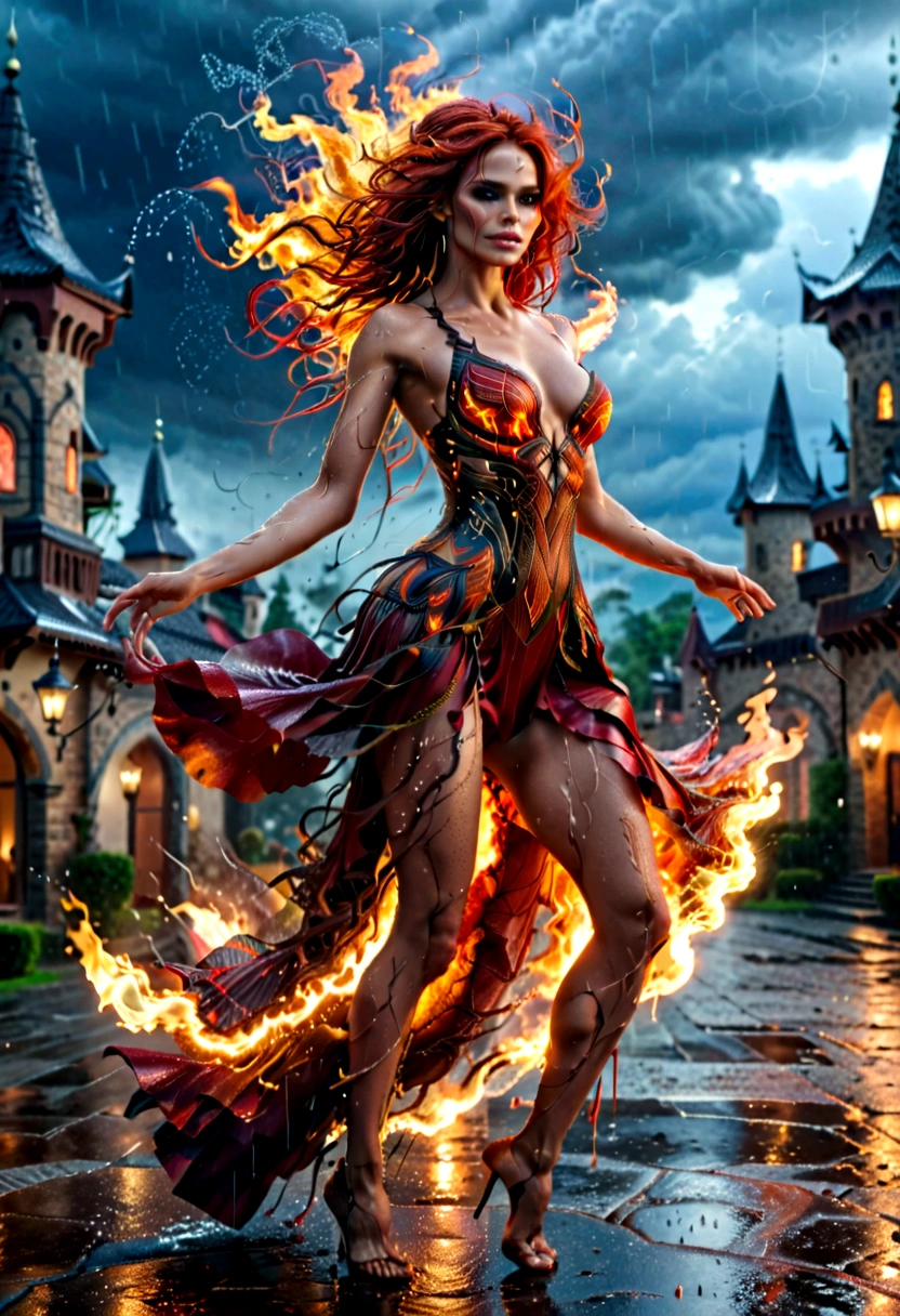 a sorceress of fire making fire dance in a the (storm of rain: 1.3), a most exquisite beautiful sorceress, controlling fire manipulating fire, a woman, dynamic hair color, dynamic hair style, (most beautiful face: 1.3), (ultra detailed face: 1.2), wet hair, wet face, dynamic eyes color, full body shot, wearing dress made of fire, wearing intricate high heels, light make up, dancing in courtyard of a fantasy castle background, ((heavy rain drops: 1.1)), clouds in the sky, (anatomically correct: 1.4), (full body shot: 1.1) , vibrant, Ultra-high resolution, High Contrast, (masterpiece:1.5), highest quality, Best aesthetics), best details, best quality, highres, ultra wide angle, 16k, [ultra detailed], masterpiece, best quality, (extremely detailed), firecd_xl, phoenix dress, 