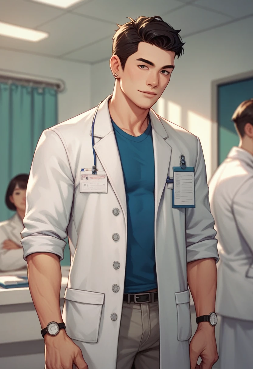 asiatischer Typ, Mittellanges Haar, medizinischer Kittel, Arzt, dünnerer Mann, schöner Mann, dunkle Ringe