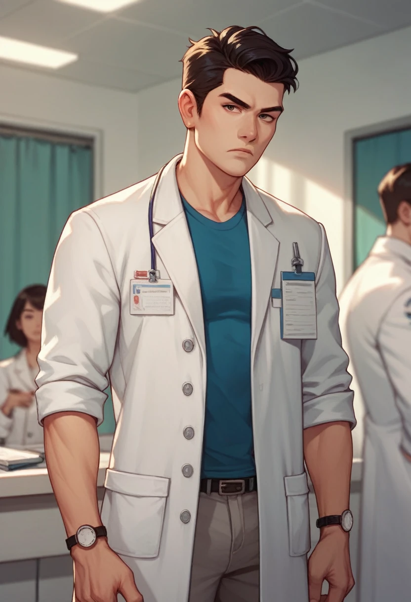 asiatischer Typ, lange Haare, medizinischer Kittel, Arzt, dünnerer Mann, schöner Mann, dunkle Ringe, ernst 