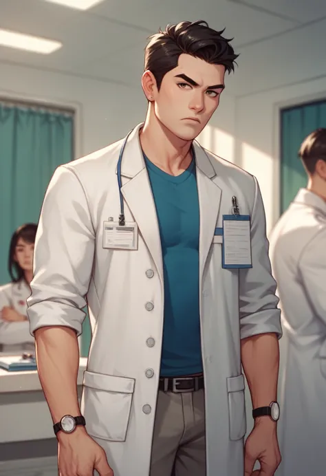 Asian guy, long hair, medical coat, doctor, more skinny Man, handsome man, dark circles, serious 