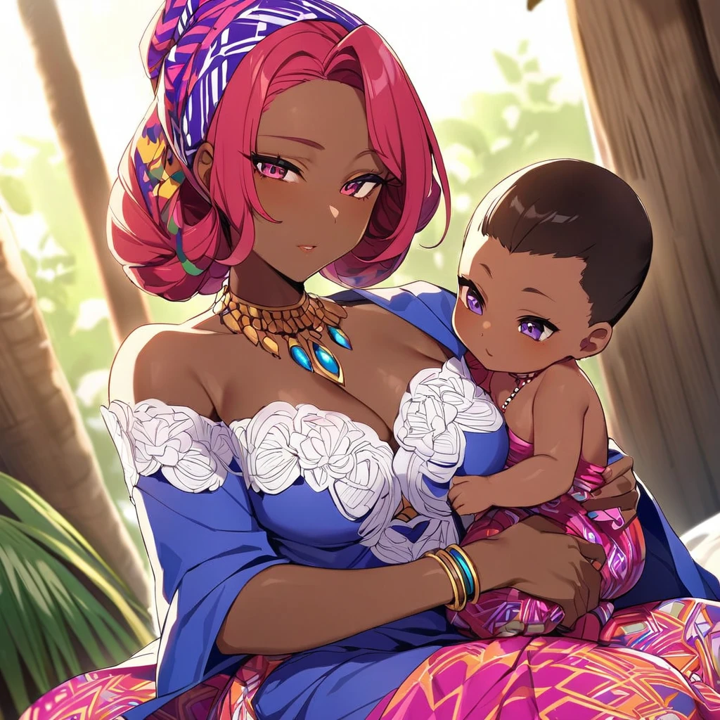 ((Highest quality)), ((masterpiece)), (detailed), （Perfect Face）、The woman is holding her baby daughter、The woman is Momo Belia Deviluke, a Ghanaian by birth, with a vibrant dark skin, and is wearing a vibrant Ghanaian dress, a vibrant headscarf, gorgeous jewellery and an engagement ring.、The woman is the elegant Momo Belia Deviluke, with short pink bob hair, a colorful Ghanaian dress, a colorful headscarf, and vivid dark brown skin. She is a natural-born black and Ghanaian.、（The woman is a black Ghanaian with vivid dark brown skin.）、The woman is seen in a Ghanaian village, cuddling with a dignified, muscular, bearded, middle-aged Ghanaian man.、The man is the woman&#39;s husband, a dignified, muscular, middle-aged Ghanaian with a beard, wearing colorful Ghanaian traditional clothing and wearing an engagement ring.、The woman is holding her baby daughter