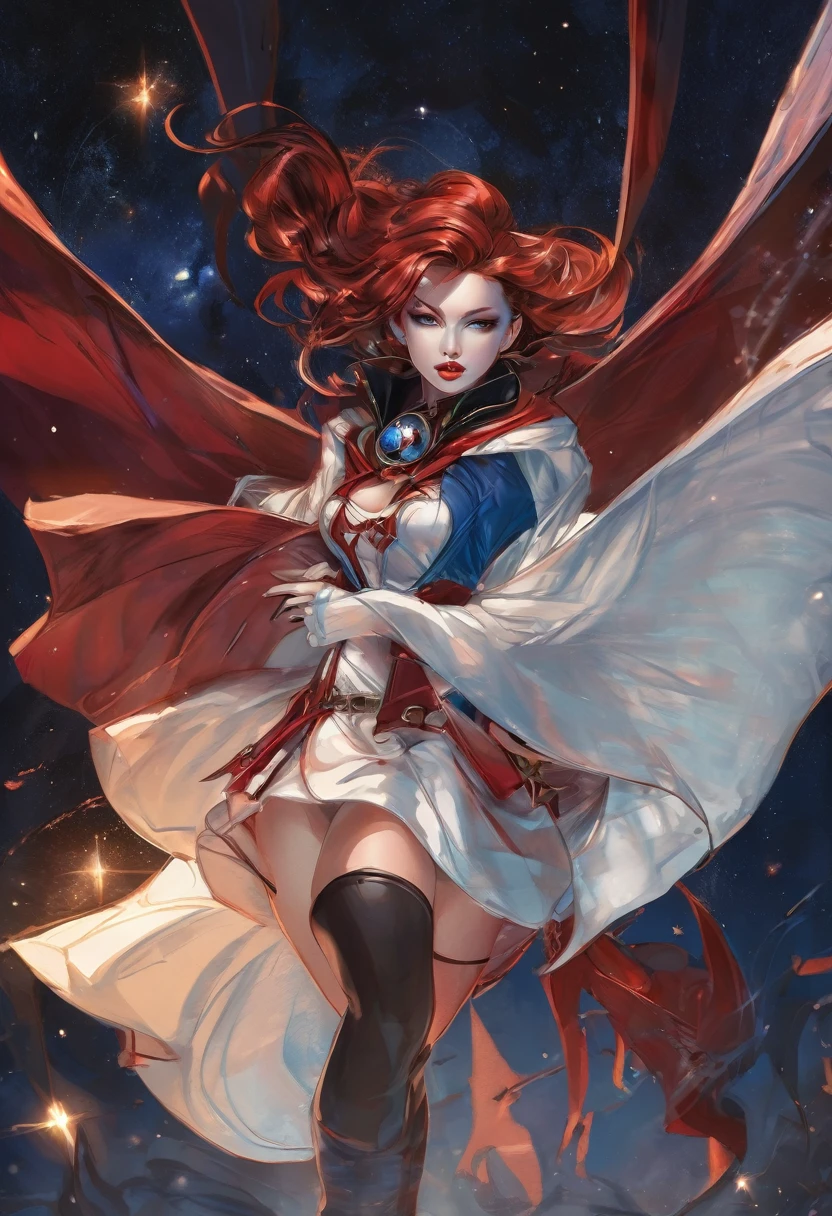 a picture of an exquisite beautiful female sequence of images of something or someone in motion (only: 1.3) Vampire standing under the starry sky on the porch of his monastery, dynamic angle (ultra detailed, Masterpiece, Best Quality), ultra detailed face (ultra detailed, Masterpiece, Best Quality), ultrafemenina, (pale skin: 1.3), Red hair, wavy fur, dynamic eye color, cold eyes, bright Eyes, intense eyes, dark red lips, [fangs], wearing white only habit (ultra detailed, Masterpiece, Best Quality), wearing blue cape (ultra detailed, Masterpiece, Best Quality), long cloak, flowing layer (ultra detailed, Masterpiece, Best Quality), wearing high heel boots, Sky background full of stars, officer, bats flying, sequence of images of something or someone in motion, High details, Best Quality, 16k, [ultra detailed], Masterpiece, Best Quality, (ultra detailed), whole body, ultra wide shot, photorealism, dark fantasy art, dark fantasy art, gothic art, many stars, dark fantasy art, gothic art, feeling of dread, blood magic