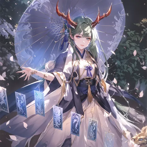 masterpiece, best quality, fantasy aesthetics, highly detailed, shadowverse style, female, japanese style, dark green hair, drag...