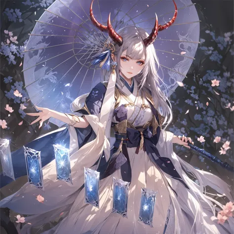 masterpiece, best quality, fantasy aesthetics, highly detailed, shadowverse style, female, japanese style, dragon horn