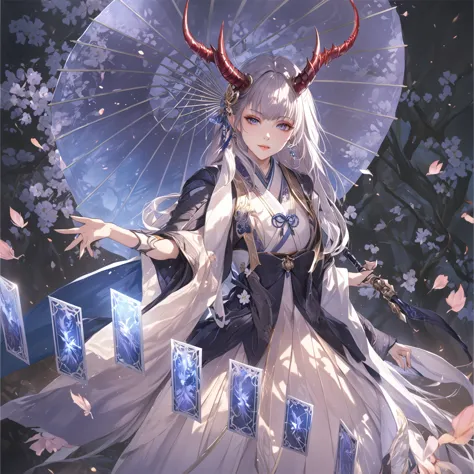 masterpiece, best quality, fantasy aesthetics, highly detailed, shadowverse style, female, japanese style, dragon horn