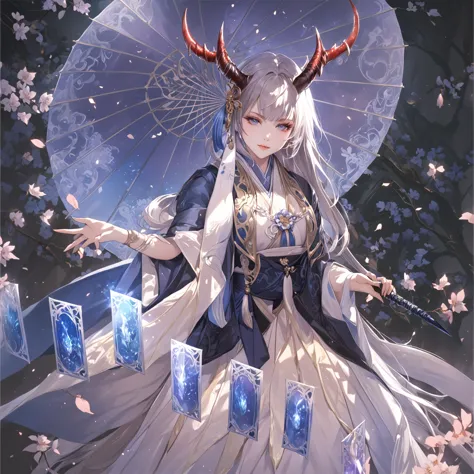 masterpiece, best quality, fantasy aesthetics, highly detailed, shadowverse style, female, japanese style, dragon horn