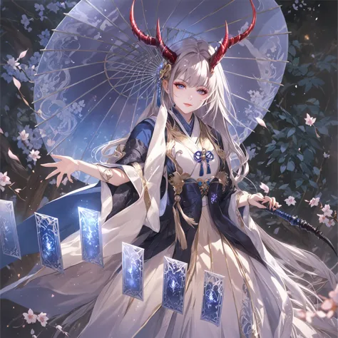 masterpiece, best quality, fantasy aesthetics, highly detailed, shadowverse style, female, japanese style, dragon horn