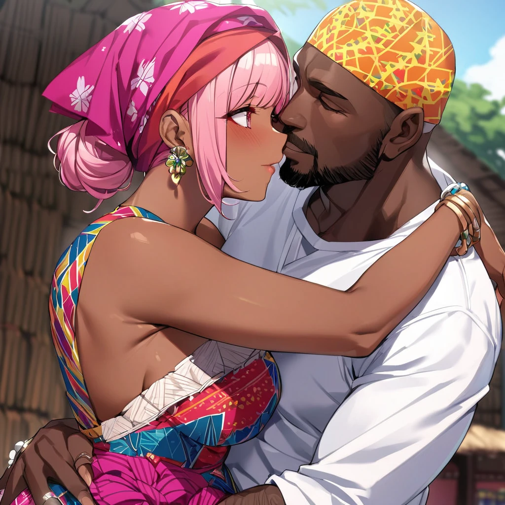 ((Highest quality)), ((masterpiece)), (detailed), （Perfect Face）、The woman is Momo Belia Deviluke, a Ghanaian by birth, with a vibrant dark skin, and is wearing a vibrant Ghanaian dress, a vibrant headscarf, gorgeous jewellery and an engagement ring.、The woman is the elegant Momo Belia Deviluke, with short pink bob hair, a colorful Ghanaian dress, a colorful headscarf, and vivid dark brown skin. She is a natural-born black and Ghanaian.、（The woman is a black Ghanaian with vivid dark brown skin.）、A woman is embracing and kissing a dignified, muscular, bearded, middle-aged Ghanaian man in a Ghanaian village.、The man is the woman&#39;s husband, a dignified, muscular, middle-aged Ghanaian with a beard, wearing colorful Ghanaian traditional clothing and wearing an engagement ring.