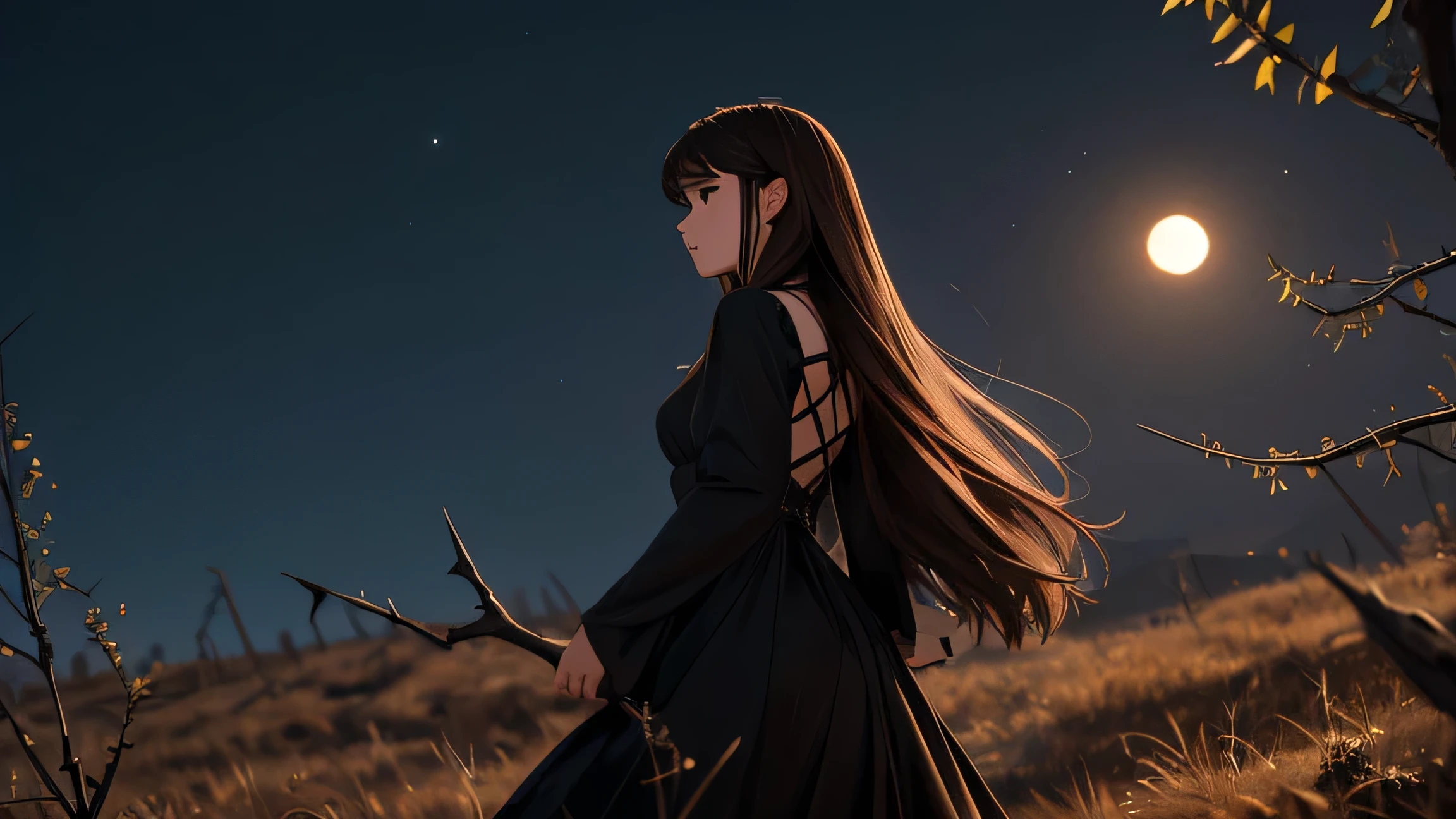 masterpiece, best quality,Extremely detailed,Ultra Detail, cinematic Light,, 1 Girl, Solitary, stand, outdoor, Black thorns, Big Moon, Brown eyes, Brown hair, Long hair, Flowing hair, Black Dress, Light, Light frown, contour,Back to the audience, Dynamic_angle