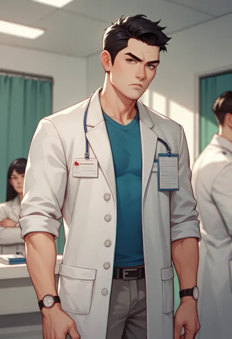 Asian guy, long hair, medical coat, doctor, more skinny Man, handsome man, dark circles, serious, Long hair man, black hair