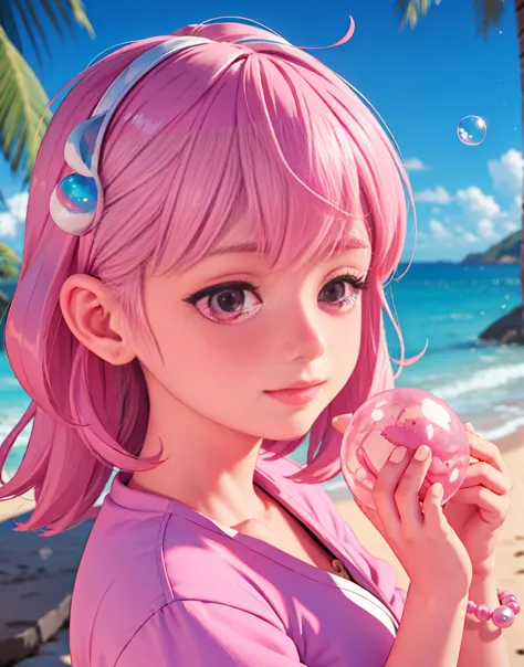 (8K, RAW photo, Best quality, masutepiece: 1.2), (Realistic, Realistic: 1.37) There are pink shells on the beach, there are wate...