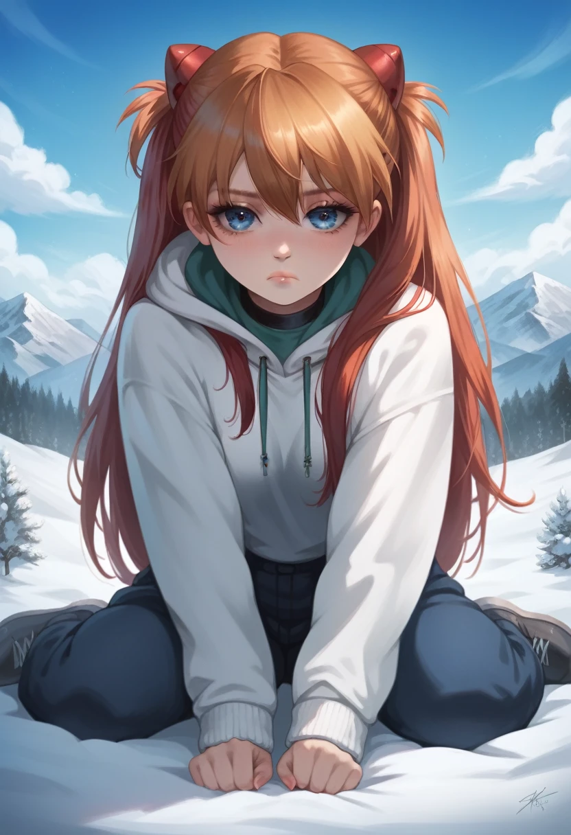 best quality, 4k, high resolution , anime girl , young girl, 24 years old, bangs, long hair, tired face, perfect shot, perfect anatomy, detailed face, detailed eyes, snowy background , mountain range, snow man, tall girl , 2 girls, realistic, 4k , masterpiece , ilustration, digital art, full body, sohryu_asuka_langley, sitting, pov ,solo girl