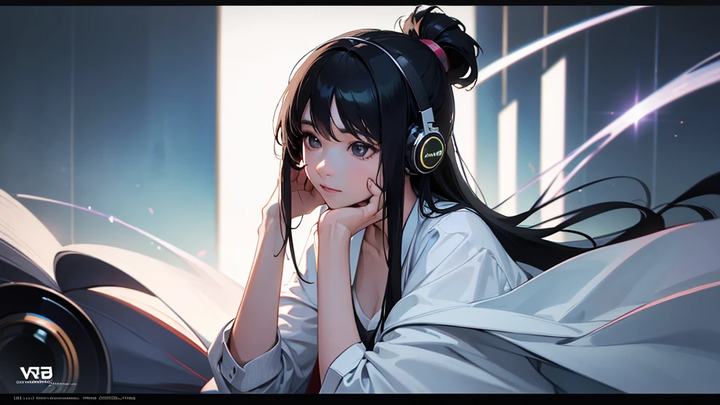 headphone, masterpiece, Highest quality, Ultra-high resolution (Reality: 1.4), Original photo, 35mm lens, Aperture F1.4, Movie Posters, Light and shadow, girl, White cardigan, Long black hair, Real Skin, (Skin Details: 1.3),