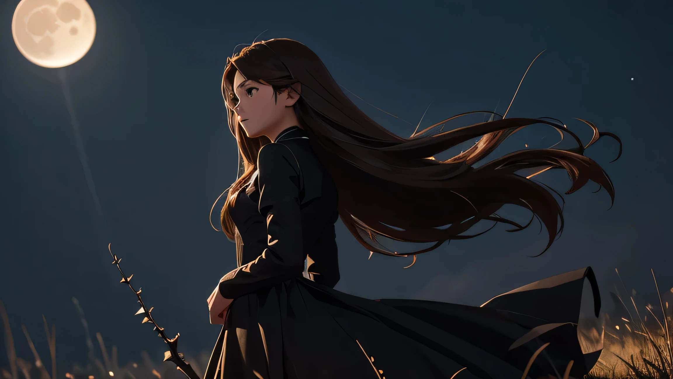 masterpiece, best quality,Extremely detailed,Ultra Detail, cinematic Light,, 1 Girl, Small chest, Solitary, stand, outdoor, Black thorns, moon, Crescent Moon, Brown eyes, Brown hair, Long hair, Flowing hair, Black Dress, Light, Light frown, contour,Back to the audience, Dynamic_angle