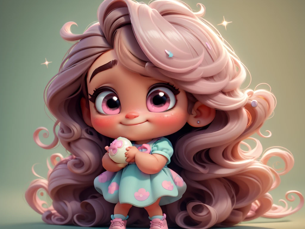 Illustration 3D, À la manière de Pixar, Chibi mignon, bébé fille ariana grande cheveux bruns, cheveux longs, noeud rose dans les cheveux, robe aqua ciano à pois blancs, les yeux brillants ressemblent à l&#39;envers du personnage du film, couleurs de bonbons, couleurs pastel, souriant, Paillettes, chaussures rose clair, exubérant
