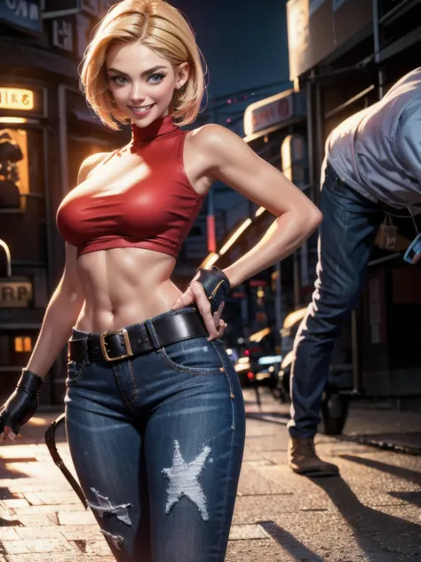 30-year-old woman, alone, athletic, jacket, semi-short blonde hair, wears a tight red crop top, wears blue jeans with a large st...