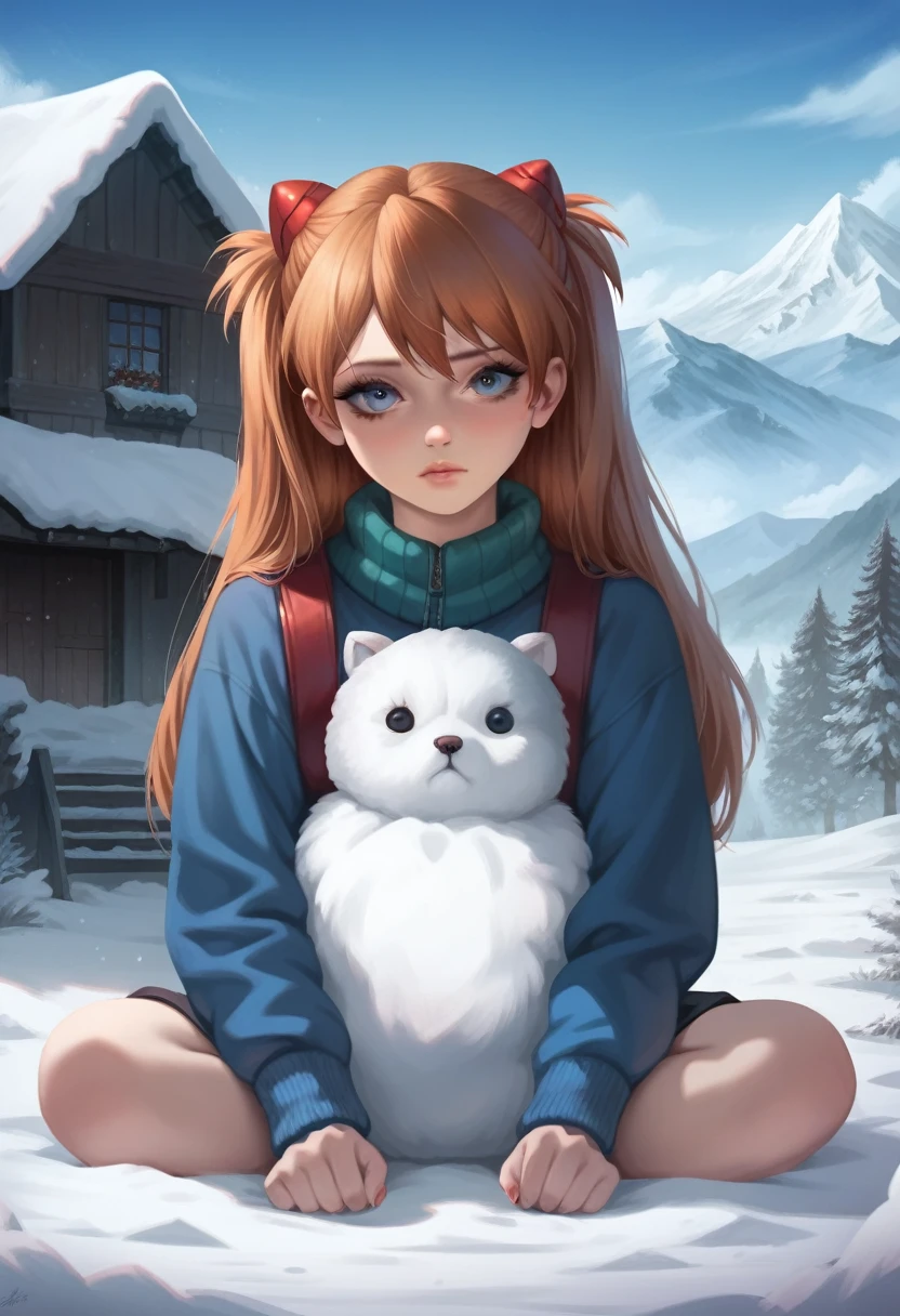 best quality, 4k, high resolution , anime girl , young girl, 24 years old, bangs, long hair, exhausted face, perfect shot, perfect anatomy, detailed face, detailed eyes, snowy background , mountain range, snow man, tall girl , 2 girls, realistic, 4k , masterpiece , ilustration, digital art, full body, sohryu_asuka_langley, sitting, pov ,solo girl