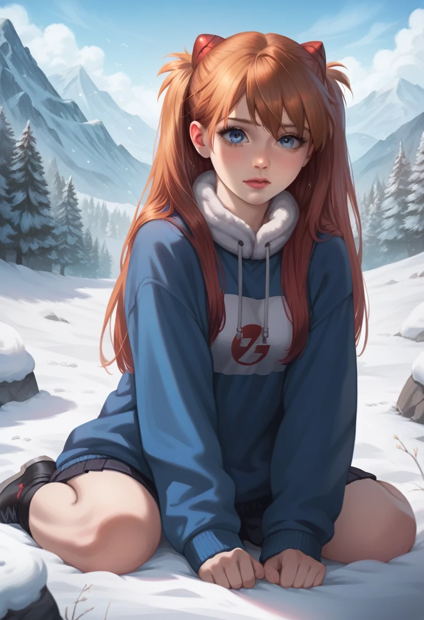 best quality, 4k, high resolution , anime girl , young girl, 24 years old, bangs, long hair, exhausted face, perfect shot, perfect anatomy, detailed face, detailed eyes, snowy background , mountain range, snow man, tall girl , 2 girls, realistic, 4k , masterpiece , ilustration, digital art, full body, sohryu_asuka_langley, sitting, pov ,solo girl