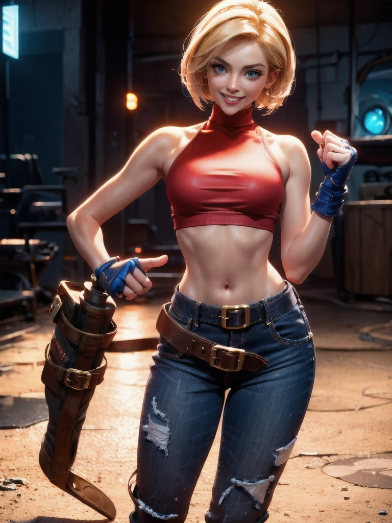 30-year-old woman, alone, athletic, jacket, semi-short blonde hair, wears a tight red crop top, wears blue jeans with a large star painted inside a circle on her left leg, has a huge brown belt hanging almost falling off his waist, wears blue fingerless gloves, wears brown boots, smiling in front of the viewer, pointing at the viewer, high resolution, absurd, intricate, sharp focus, sunset on the beach, 40 megapixels , 500 dpi, best quality, masterpiece, high resolution, perfect image, highly detailed, high contrast, digital colors, simple, medium shot, cinematic, ultra sharp focus, award-winning photography, perfect contrast, high sharpness, depth of field, photography ultra detailed, global illumination, fluid, ultra high definition, 8k, Unreal Engine 5, ultra sharp focus, award winning photography, art season trends,
