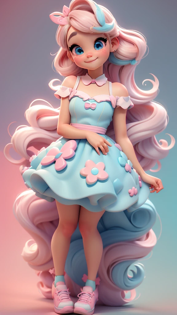 3D-Illustration, Pixar-Stil, Süßer Chibi, Babymädchen Ariana Grande blonde Haare, blaue Augen, rosa Schleife im Haar, Kleid Aqua Ciano mit weißen Punkten, helle Augen sehen aus wie Inside Out Charakter der Film, Süssigkeiten Farben, Pastellfarben, lächelnd, glitter, hellrosa Schuhe, überschwänglich
