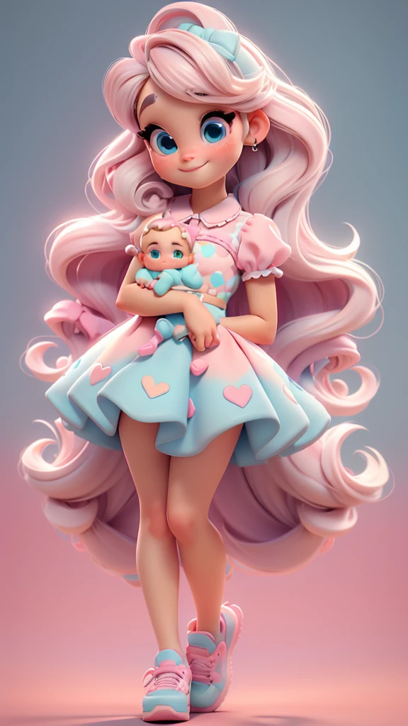 Illustration 3D, À la manière de Pixar, Chibi mignon, bébé fille Ariana Grande cheveux blonds, yeux bleus, noeud rose dans les cheveux, robe aqua ciano à pois blancs, yeux pétillants, couleurs de bonbons, couleurs pastel, souriant, Paillettes, chaussures rose clair, exubérant
