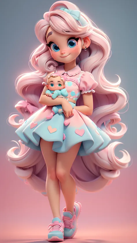 3d illustration, pixar style, cute chibi, baby girl ariana grande blonde hair, blue eyes, pink bow in hair, dress aqua ciano wit...