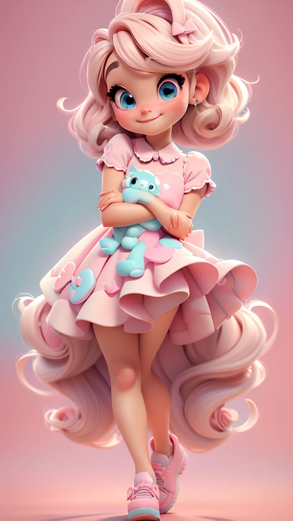 Illustration 3D, À la manière de Pixar, Chibi mignon, bébé fille Ariana Grande cheveux blonds, yeux bleus, noeud rose dans les cheveux, robe aqua ciano à pois blancs, yeux pétillants, couleurs de bonbons, couleurs pastel, souriant, Paillettes, chaussures rose clair, exubérant
