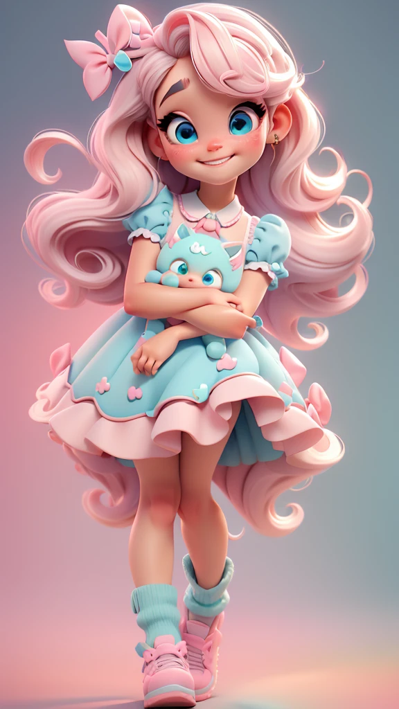 Ilustração 3D, estilo pixar, Chibi fofo, bebê menina ariana grande cabelo loiro, olhos azuis, laço rosa no cabelo, vestido azul água ciano com bolinhas brancas, olhos brilhantes, cores doces, Cores pastel, sorridente, BRILHO, sapatos rosa claro, exuberant
