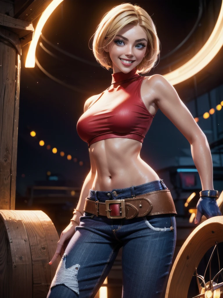 30-year-old woman, alone, athletic, jacket, semi-short blonde hair, wears a tight red crop top, wears blue dogger pants with a large star painted inside a circle on her left leg, has a huge colored belt brown hanging almost falling off his waist, wears blue fingerless gloves, wears brown boots, smiling at viewer, pointing at viewer, high resolution, absurd, intricate, sharp focus, sunset on the beach, 40 megapixels, 500 dpi, best quality, masterpiece, high resolution, perfect image, highly detailed, high contrast, digital colors, simple, medium shot, cinematic, ultra sharp focus, award-winning photography, perfect contrast, high sharpness, depth of field, ultra detailed photography, global illumination, fluid, ultra high definition, 8k, Unreal Engine 5, ultra sharp focus, award winning photography, art season trends,
