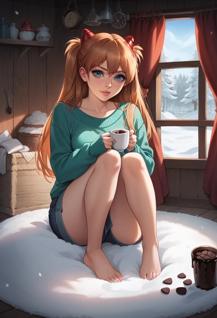 best quality, 4k, high resolution , anime girl , young girl, 24 years old, bangs, long hair, relaxed face, perfect shot, perfect anatomy, detailed face, detailed eyes, snowy background , cabin , tall girl , 2 girls, realistic, 4k , masterpiece , ilustration, digital art, full body, sohryu_asuka_langley, sitting, pov , sitting, cup of chocolate, chimney, fur rug