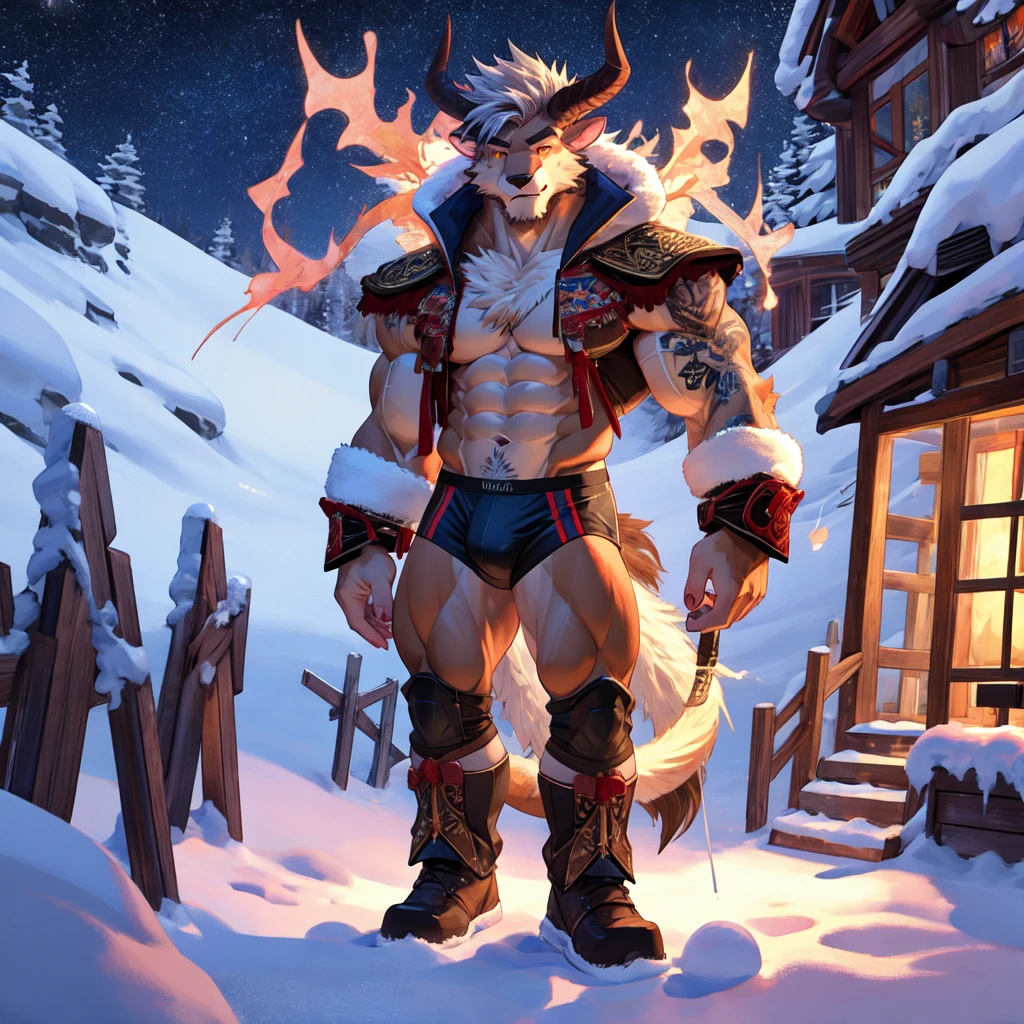 (masterpiece, Best quality:1.2),Final fantasy Behemoth Teen Boy, winter, body covered in light brown fur, Furry style, Muscle flex, sexual, horny, slender build wild ,full height,very short silver hair,freckles on the body and face,glowing amber eyes,defined muscles,sharp focus, friendly, in speedos, tatoo over biceps