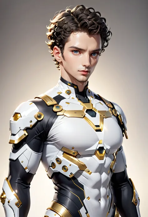 Man with short curly hair, white skin, gray eyes, defined and athletic body, white science fiction costume clothes with golden d...