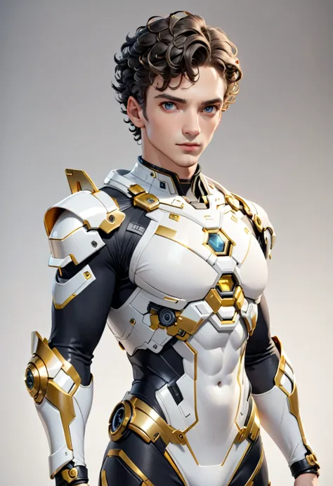 Man with short curly hair, white skin, gray eyes, defined and athletic body, white science fiction costume clothes with golden d...