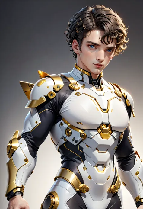 Man with short curly hair, white skin, gray eyes, defined and athletic body, white science fiction costume clothes with golden d...