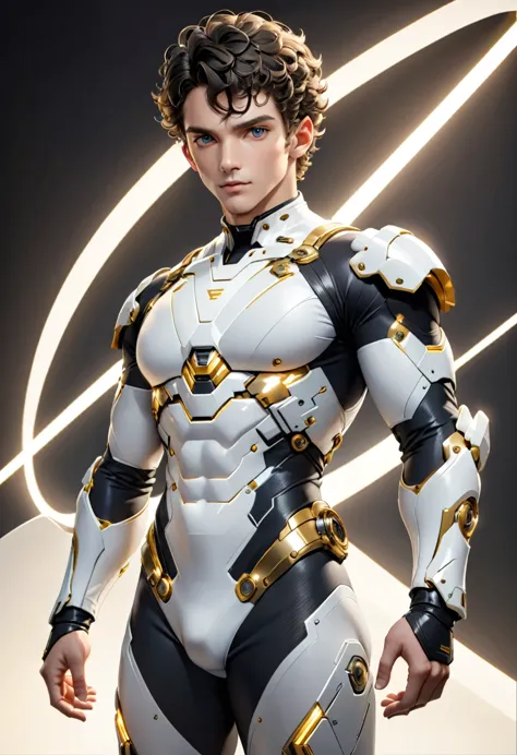 Man with short curly hair, white skin, gray eyes, defined and athletic body, white science fiction costume clothes with golden d...