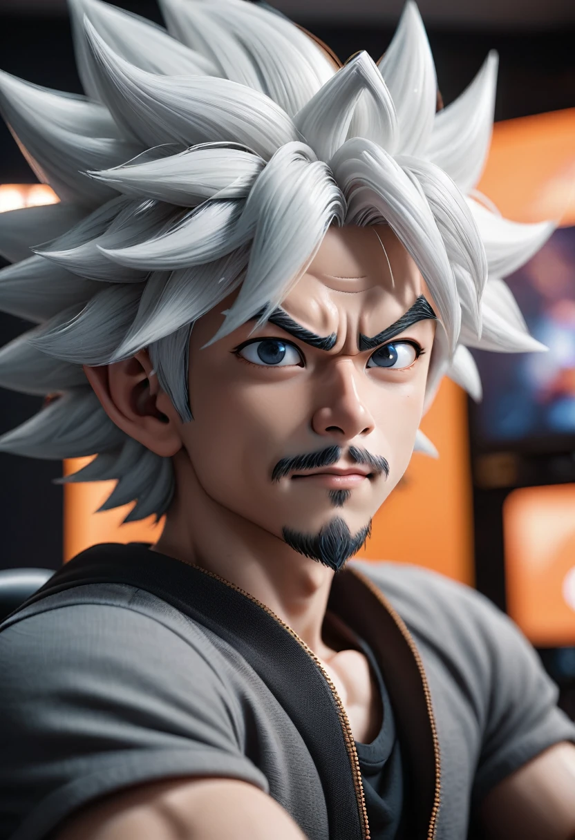 (masterpiece, best quality), (complex lighting), 1 boy, solo, goku, beautiful detailed eyes, beautiful detailed lips, extremely detailed face, long eyelashes, smile, sitting in front of the computer playing games, esports room background, goatee and white hair, photorealistic, cinematic, 8k, hyperdetailed