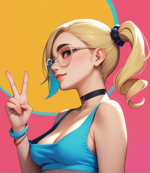 score_9, score_8_up, score_7_up, source_anime, side ponytail, round glasses, choker, bangle, thick eyebrows, blushing, cute, blonde hair, perfect hands, v, medium breasts, colorful background, nipple slip, from side,  