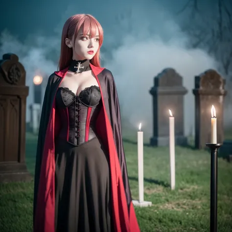 Beautiful 20 year old woman with short messy red hair wearing a red and black corset and black cloak, standing in a cemetery at ...