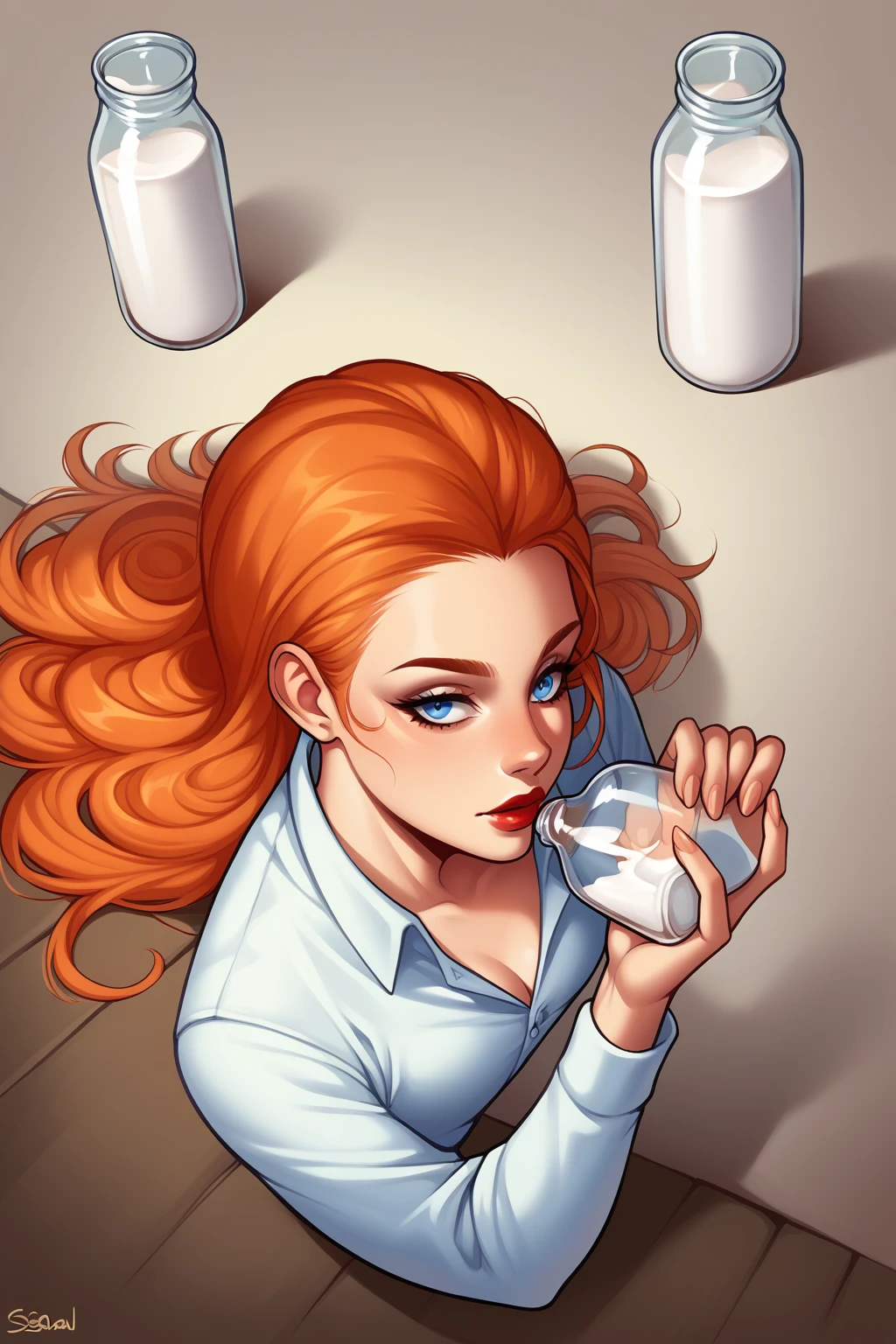 score_9, score_8_above, 1 girl, Alone, NSMeiPortia, wide, Blue eyes, parts, lipstick, Orange hair, chandal, trespass, milk bottles