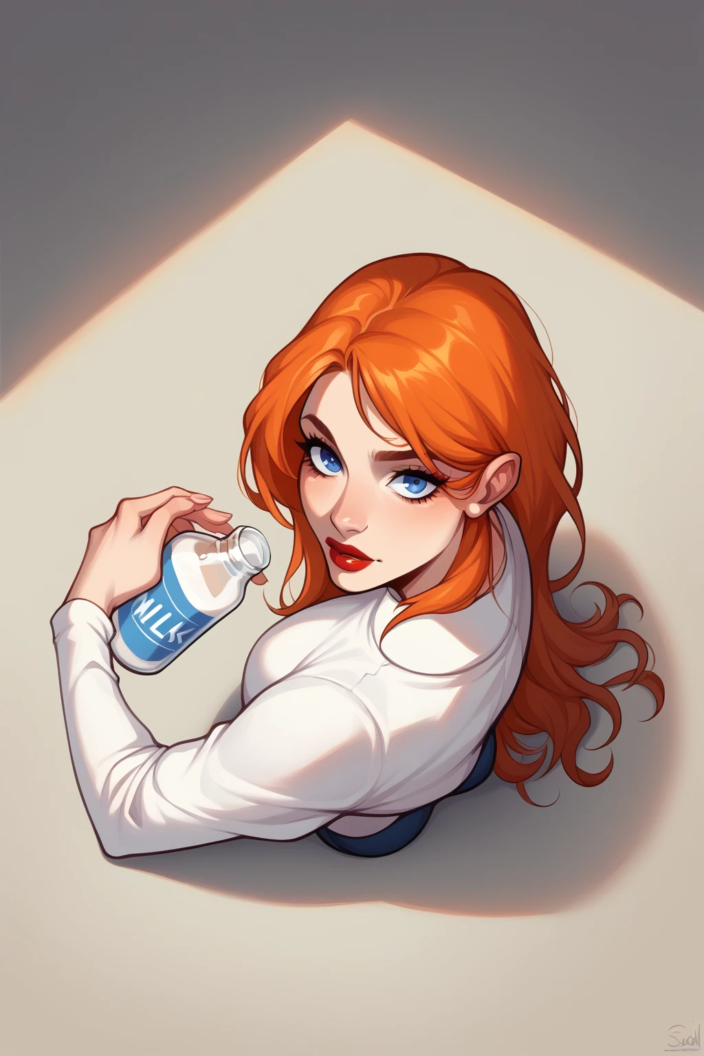 score_9, score_8_above, 1 girl, Alone, NSMeiPortia, wide, Blue eyes, parts, lipstick, Orange hair, chandal, trespass, milk bottles