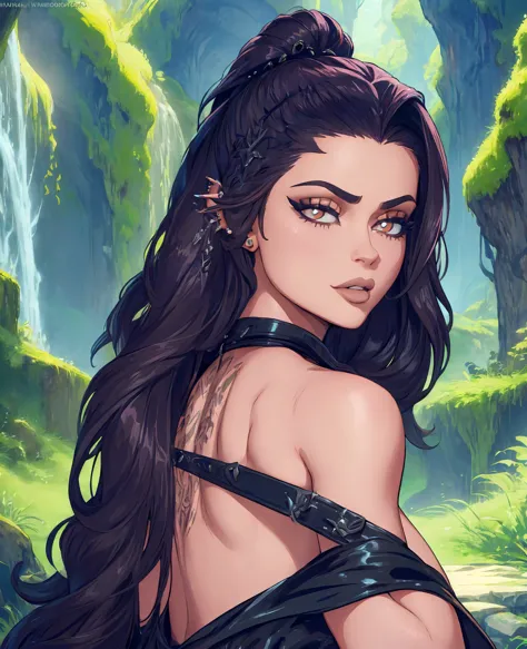 a beautiful young woman with kylie jenner's features, dog-like ears, sensual expression, lycan inspired fantasy character, detai...