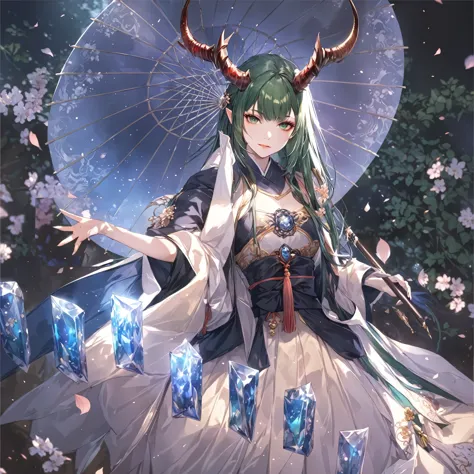 masterpiece, best quality, fantasy aesthetics, highly detailed, shadowverse style, female, japanese style, dark green hair, drag...