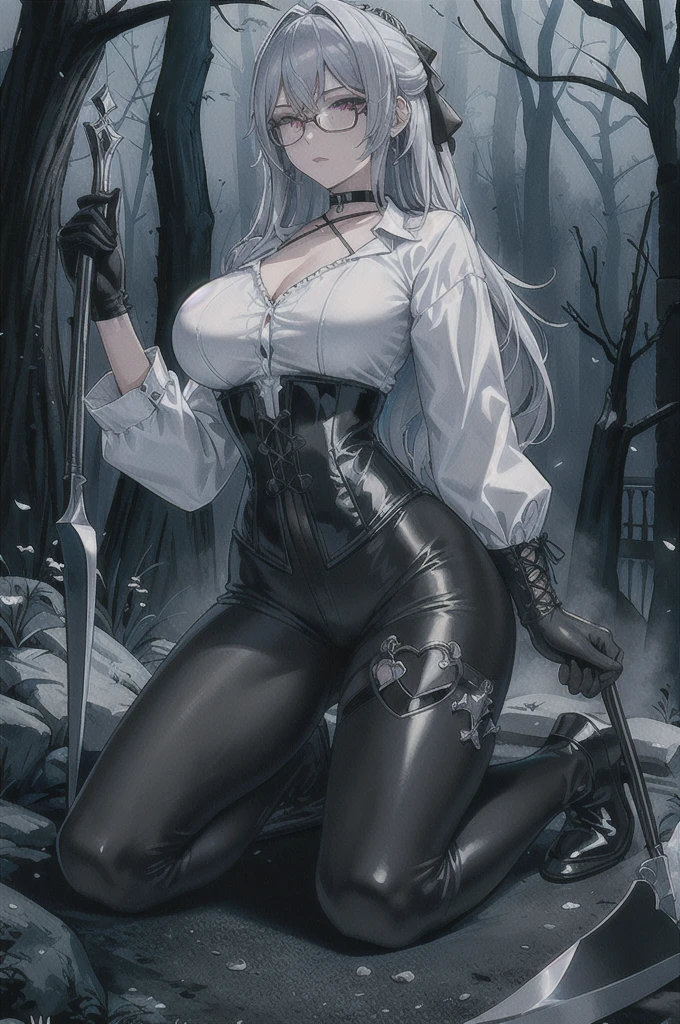 Masterpiece, Beautiful art, professional artist, 8k, art style by sciamano240, rostro de Bronya Zaychik, detailed body, Very detailed face, very detailed eyes, Detailed clothing, detailed fabric, Best Quality, better resolution,  1 girl, front view, kneeling, big breasts, serious expression,  at night , silver hair, glasses, choker:1.6, (long sleeve white collar buttoned shirt), (shiny black corset), black gloves covering your hands, holding an ax with his hand, (shiny black leggings), (Black leather boots), looking at the viewer, dark forest, Atmosphere, fog, at night