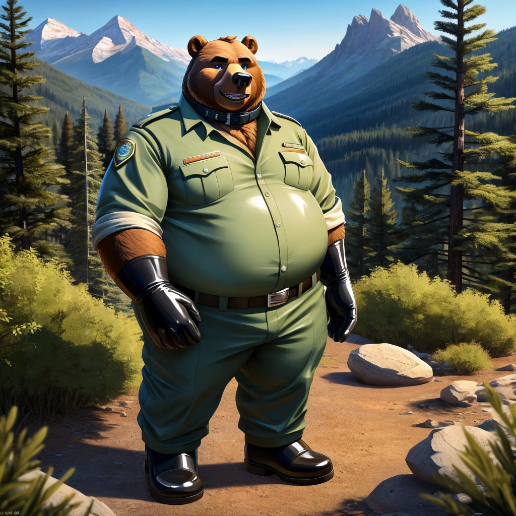 solo, full body, Male, fat, extremely obese, Bear, park ranger, trousers, outdoor, park ranger uniform, collared shirt with buttons, blue eyes, (soft shading), 4k, hi res, ((detailed face, detailed)), looking at viewer, evil grin, Bear is wearing the collared shirt and leather collar at the same time, Bear is wearing a glossy leather dog collar around the neck, Bear is wearing white rubber gloves on the hands, white rubber gloves on the feet, gloves are rubber in texture, leather collar is shiny, leather collar is extremely detailed, rubber gloves are glossy, Evergreen pine forest and mountains national park in the background, Environmental protection area.